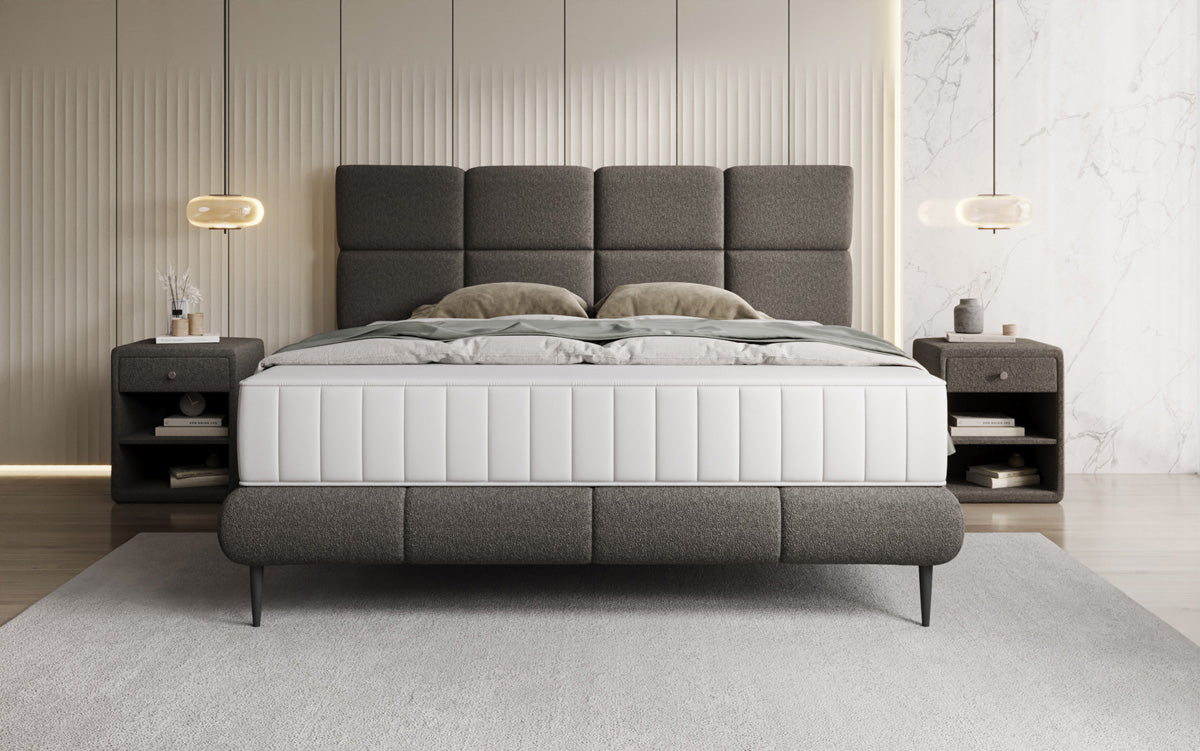 Nessa box spring bed with high legs in teddy bouclé