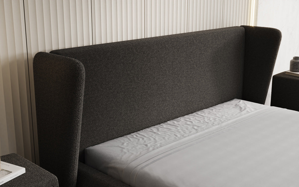 Designer upholstered bed Rosalie in teddy bouclé with storage
