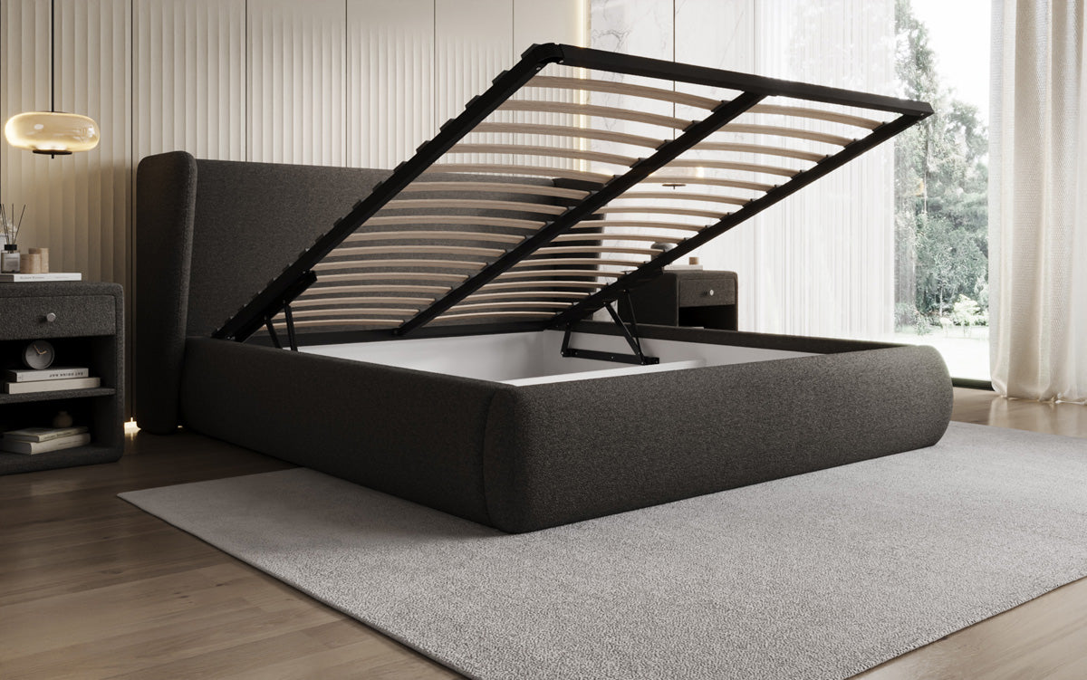 Designer upholstered bed Rosalie in teddy bouclé with storage