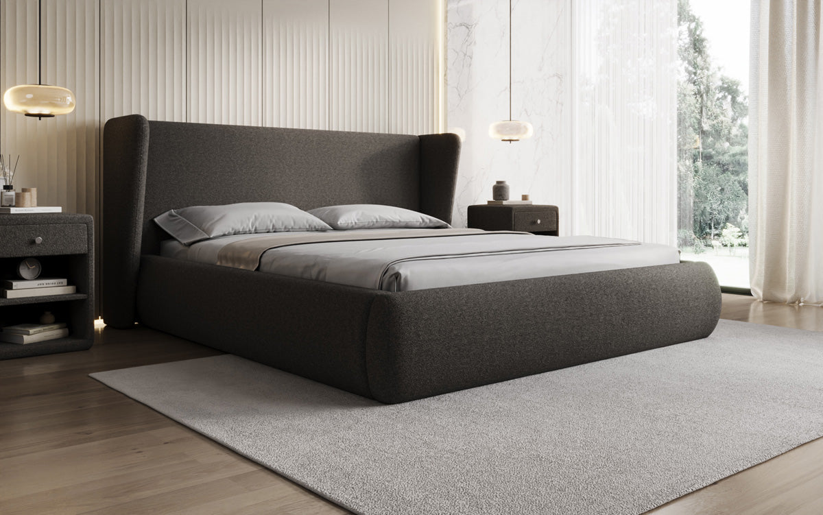 Designer upholstered bed Rosalie in teddy bouclé with storage