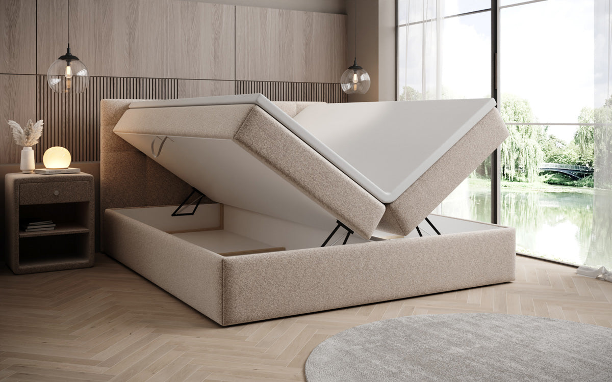 Lux box spring bed in textured fabric with storage