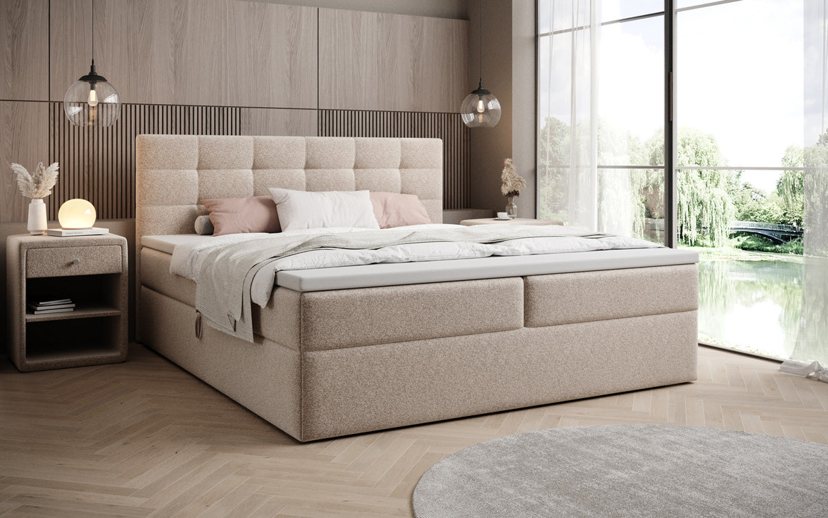 Lux box spring bed in textured fabric with storage