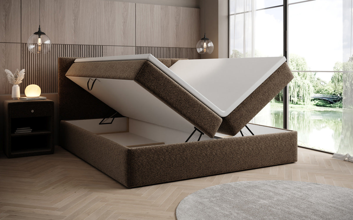 Lux box spring bed in textured fabric with storage