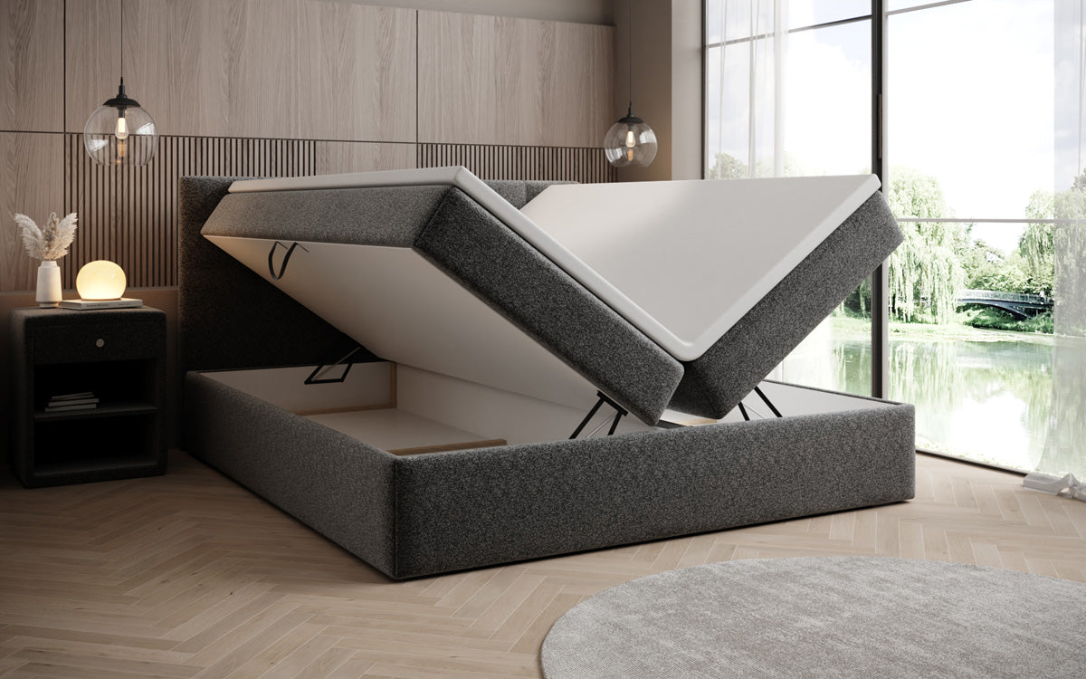 Lux box spring bed in textured fabric with storage