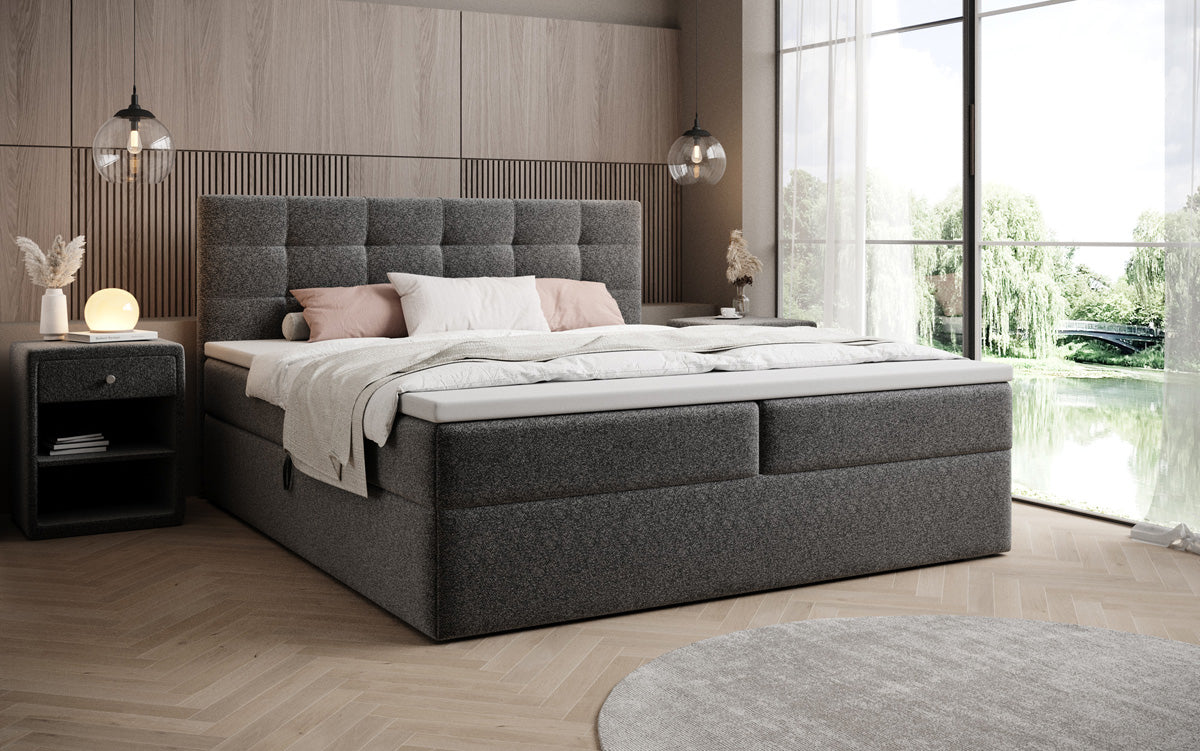 Lux box spring bed in textured fabric with storage
