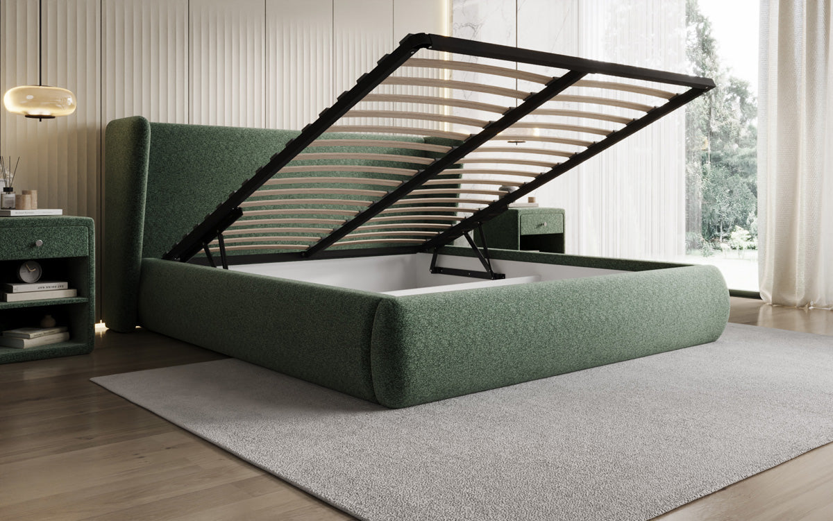 Designer Polsterbett Rosalie in Strukturstoff mit Stauraum
