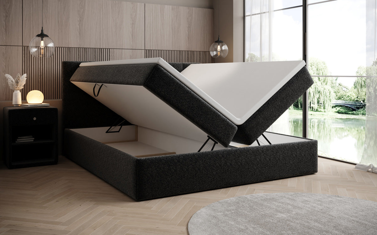 Lux box spring bed in textured fabric with storage
