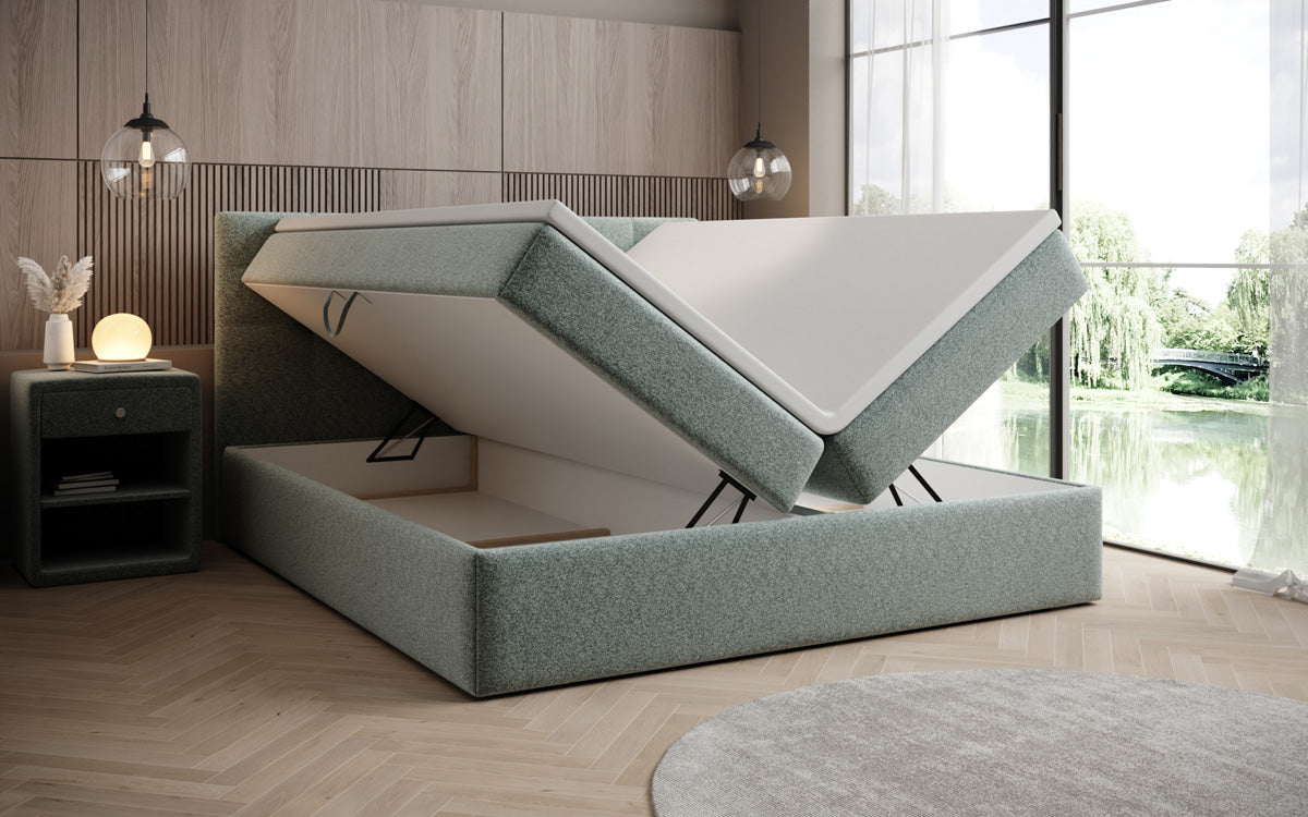 Lux box spring bed in textured fabric with storage