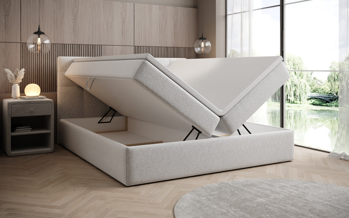 Lux box spring bed in textured fabric with storage
