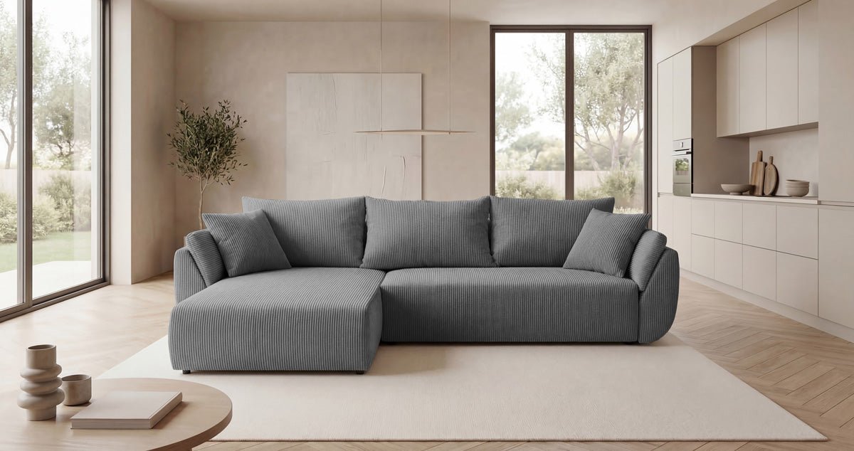 Designer Sofa Lenoa L mit Schlaf- und Klappfunktion in Cord