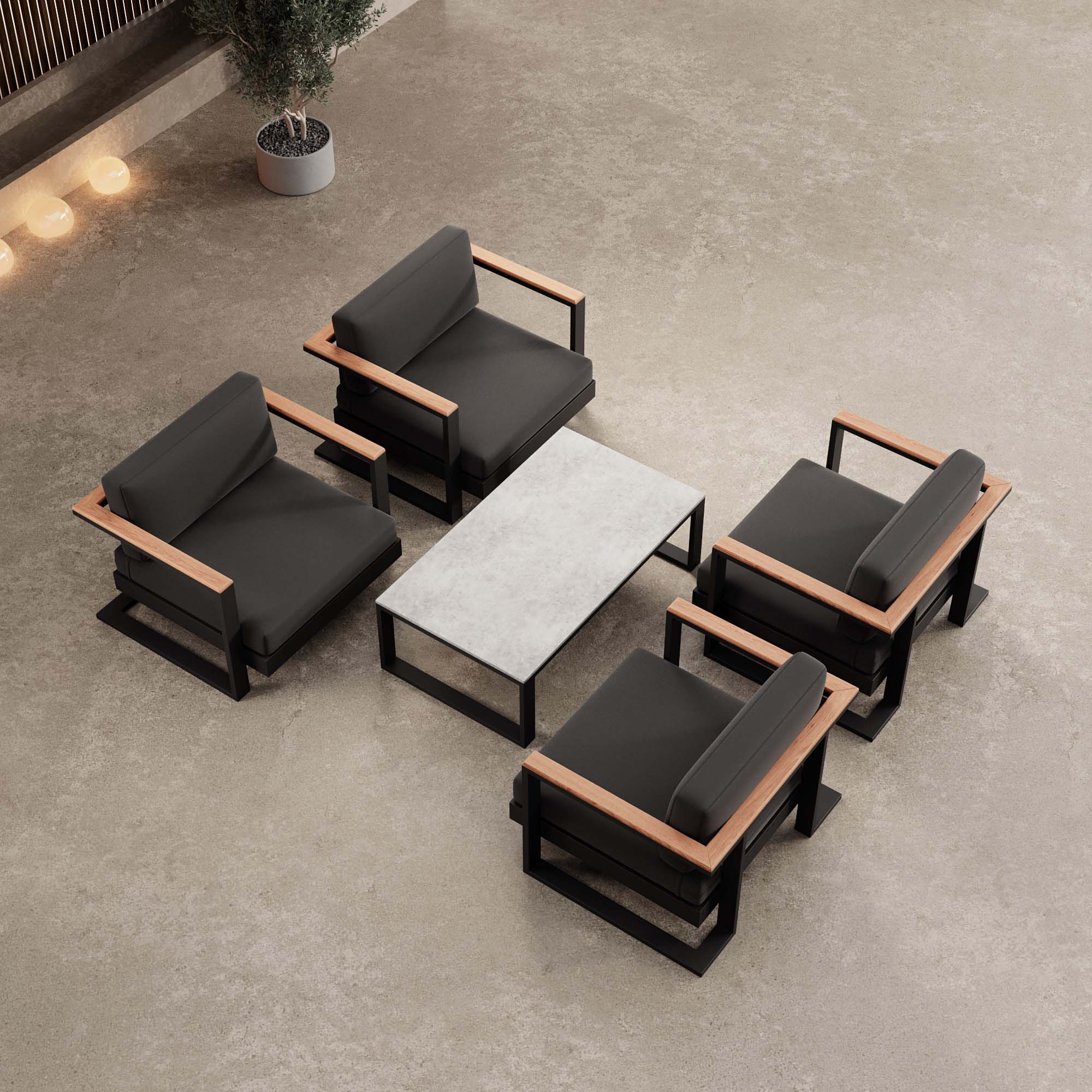 Vayla – 4 Loungesessel & Tisch aus schwarzem Aluminium | Aevora™ Kollektion