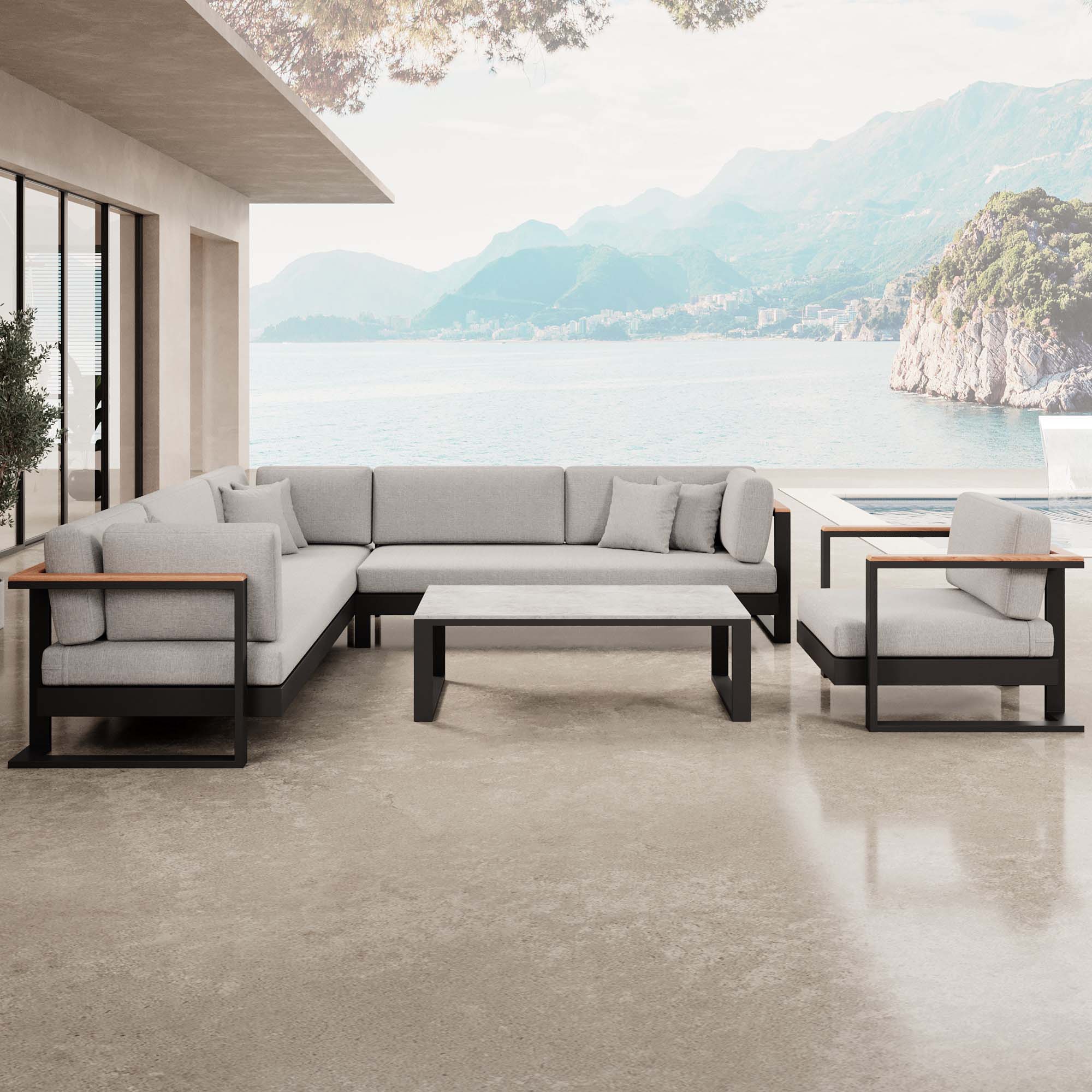 Vayla – Loungegruppe mit Ecksofa, Loungesessel & Tisch aus schwarzem Aluminium | Aevora™ Kollektion