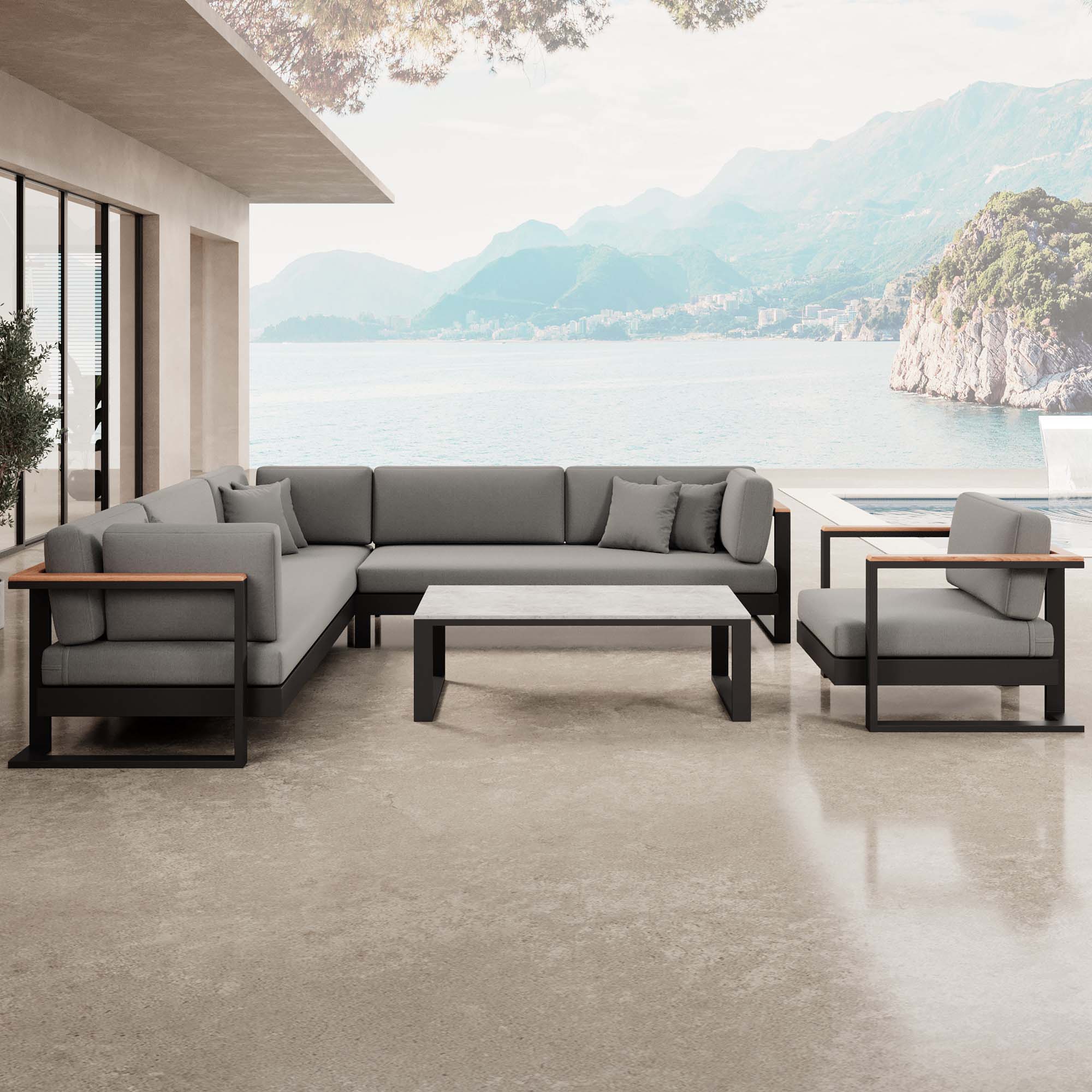 Vayla – Loungegruppe mit Ecksofa, Loungesessel & Tisch aus schwarzem Aluminium | Aevora™ Kollektion