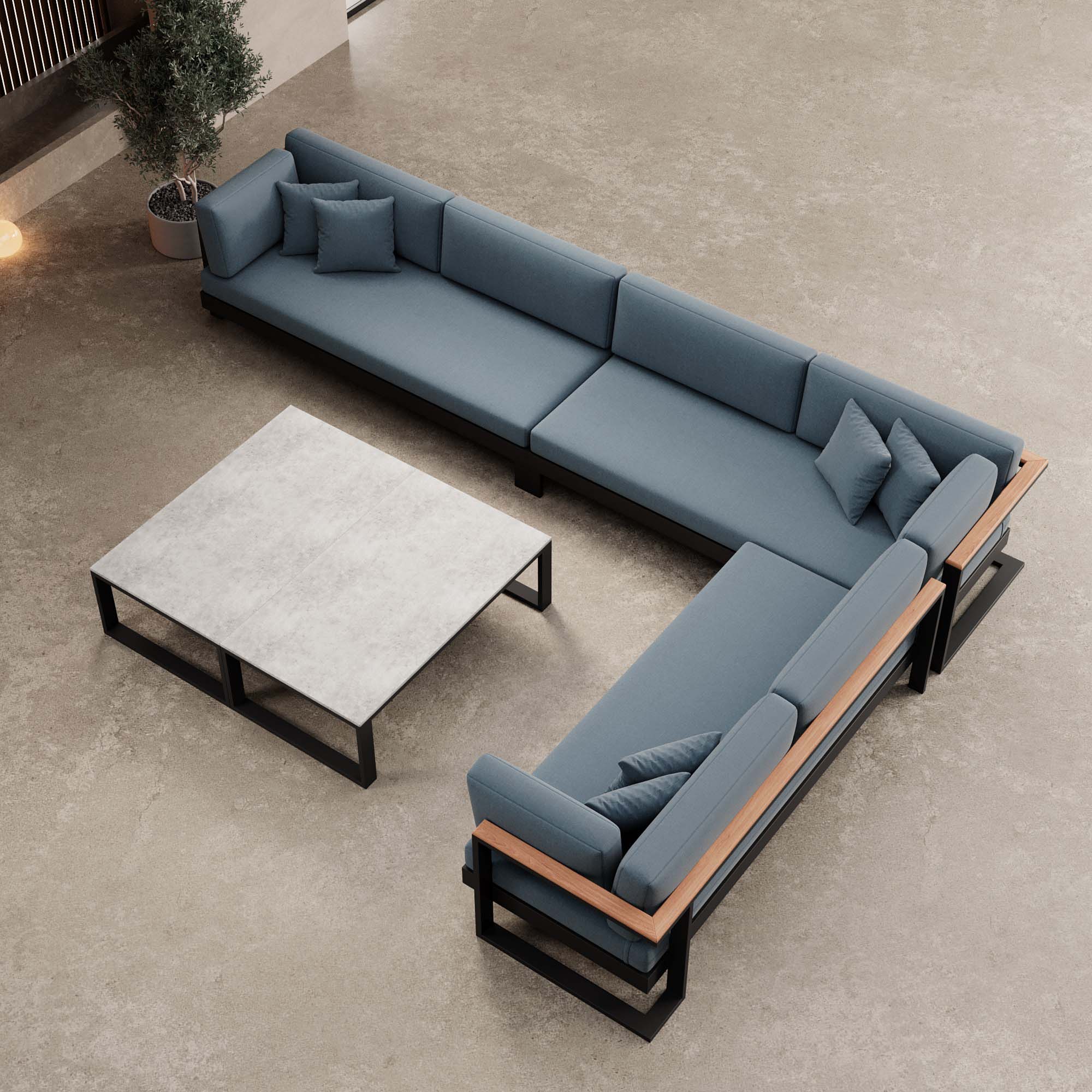 Vayla – Wohnlandschaft mit Doppeltisch & Ecksofa aus schwarzem Aluminium | Aevora™ Kollektion