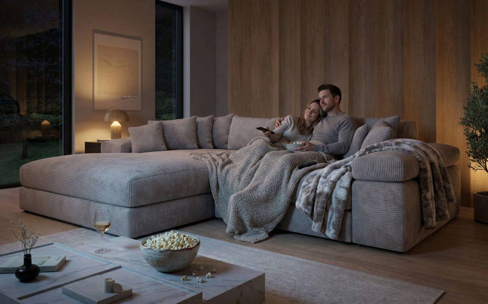 Designer Sofa Bernardo with wide Ottoman in Corduroy