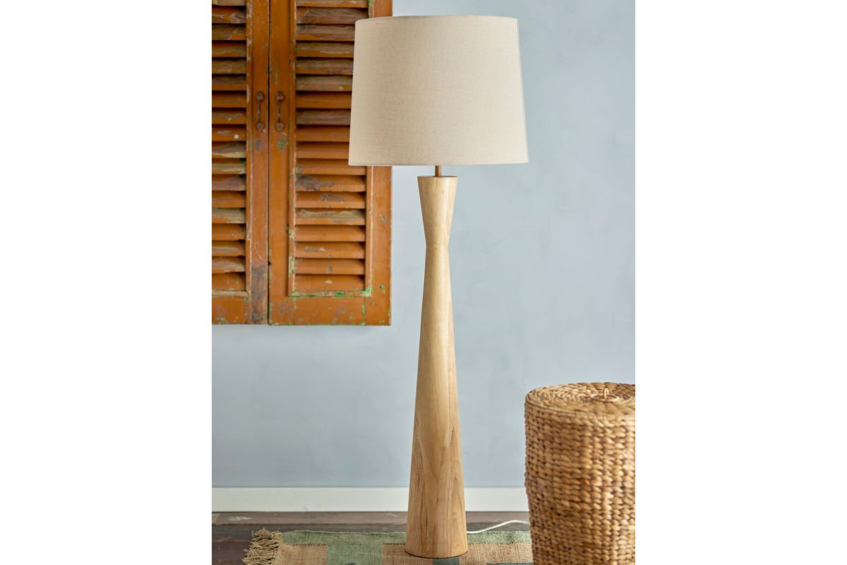 Floor Lamp Calen – Rubberwood with Linen Shade