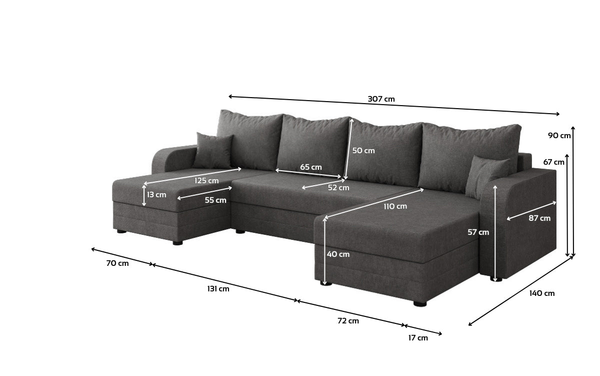 Designer sofa Valenza U with sleeping and folding function in fabric