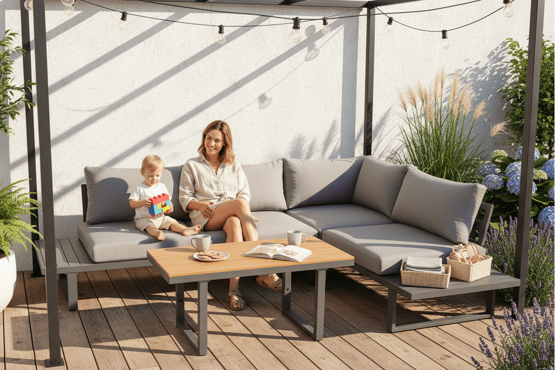 Garden Lounge Set Santorin – Aluminum Corner Sofa with Height-Adjustable Table