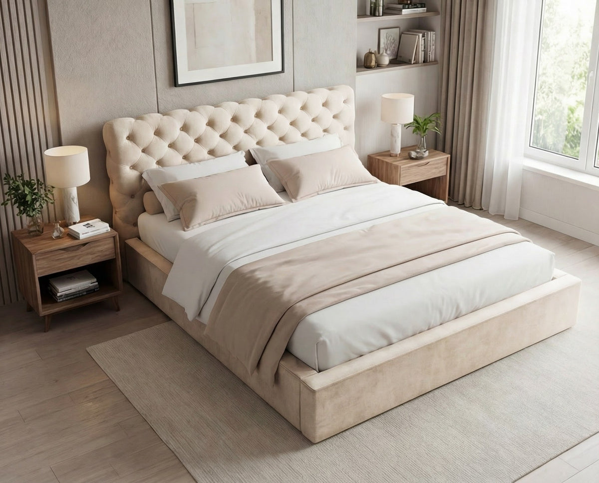 Designer Polsterbett Enzo in Samt mit Stauraum – Beige