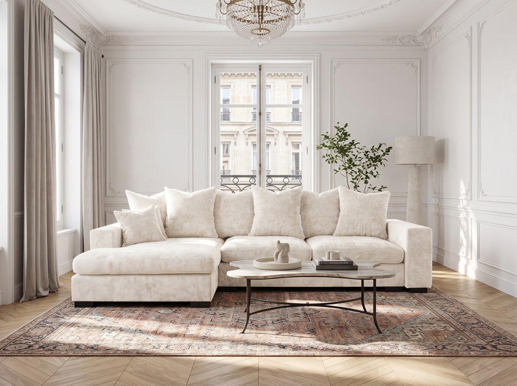 Designer sofa Selena L with sleeping function in textured fabric
