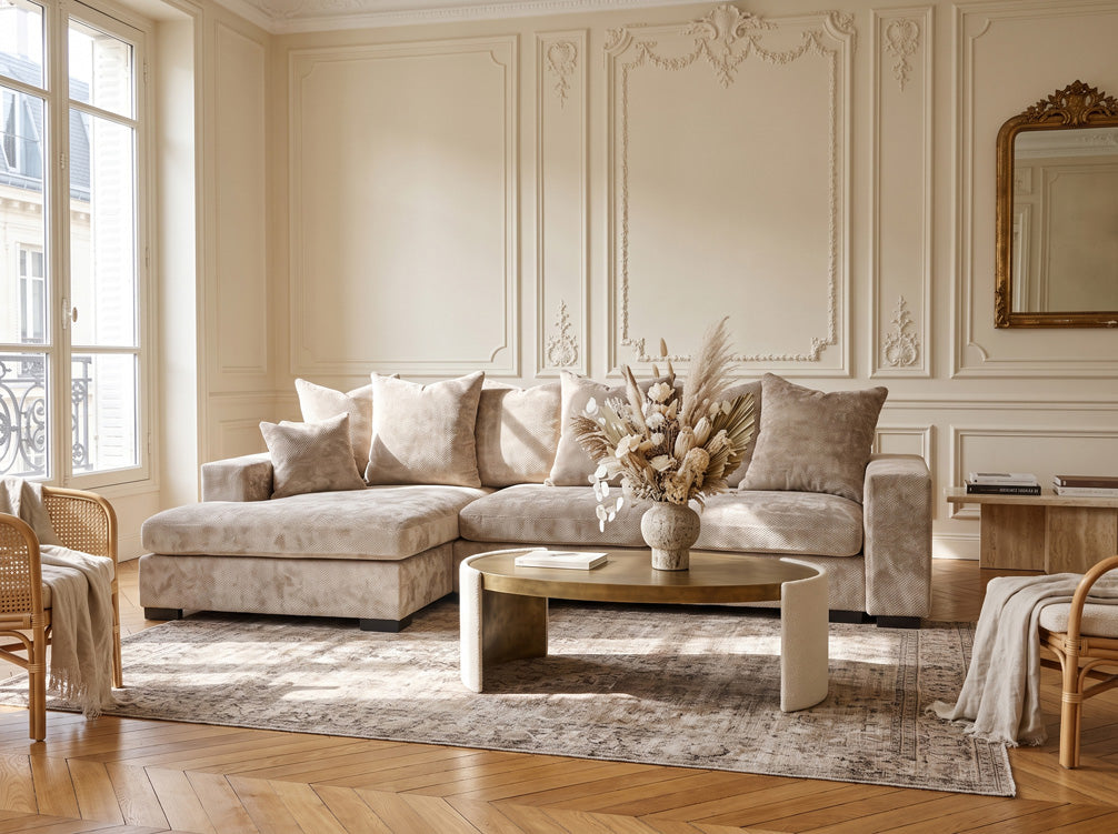 Designer sofa Selena L with sleeping function in textured fabric