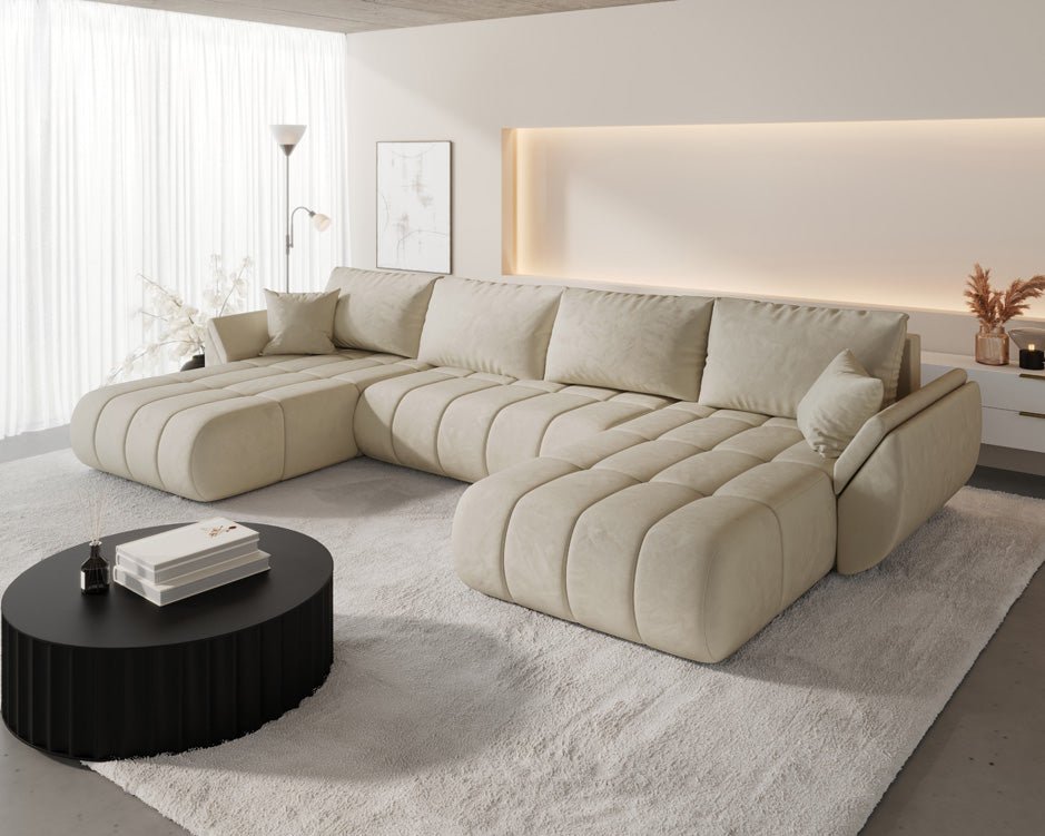 Designer sofa Lenoa U with sleeping and folding function in velvet