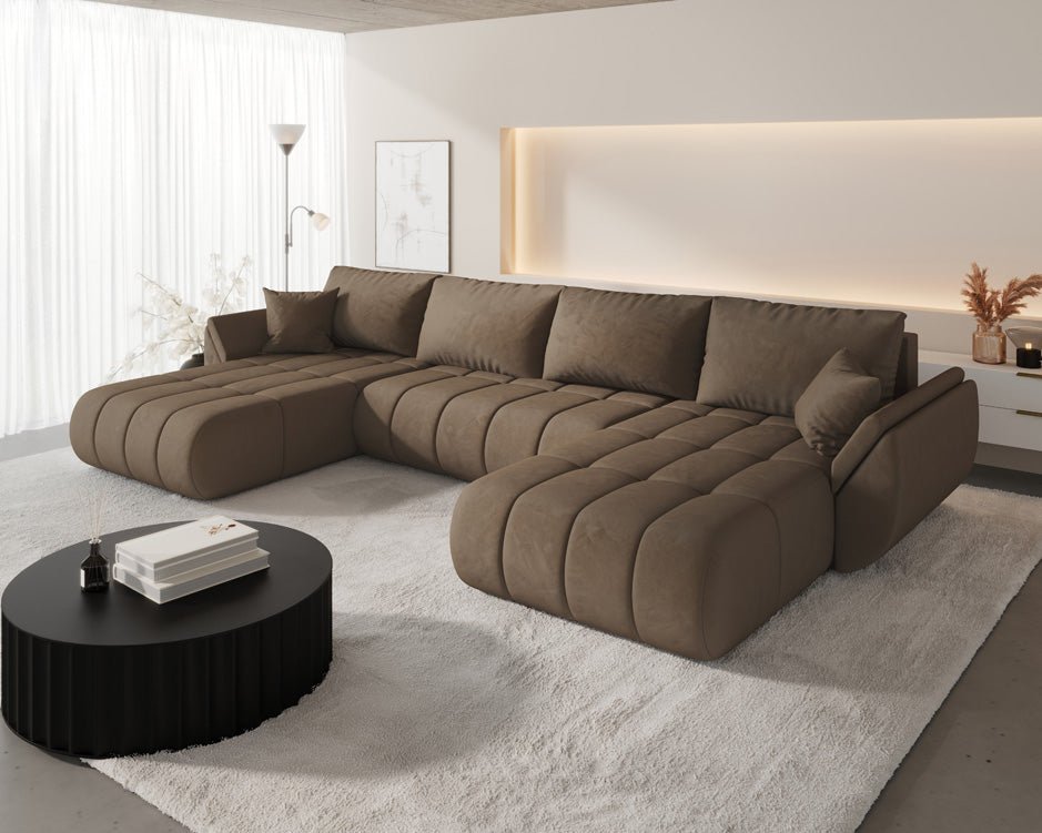 Designer sofa Lenoa U with sleeping and folding function in velvet