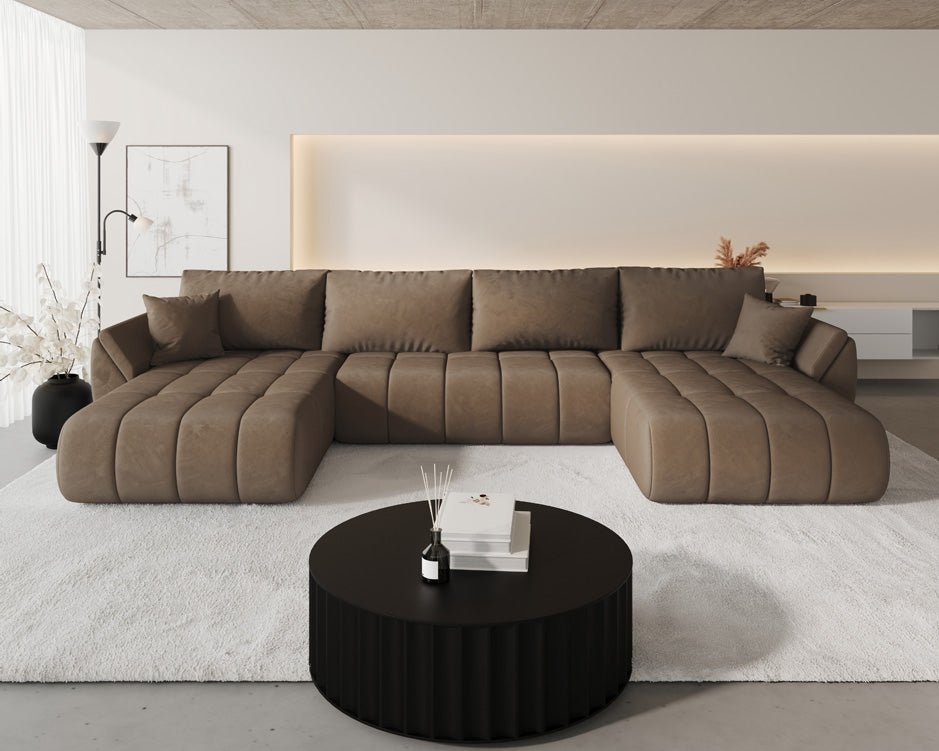 Designer sofa Lenoa U with sleeping and folding function in velvet