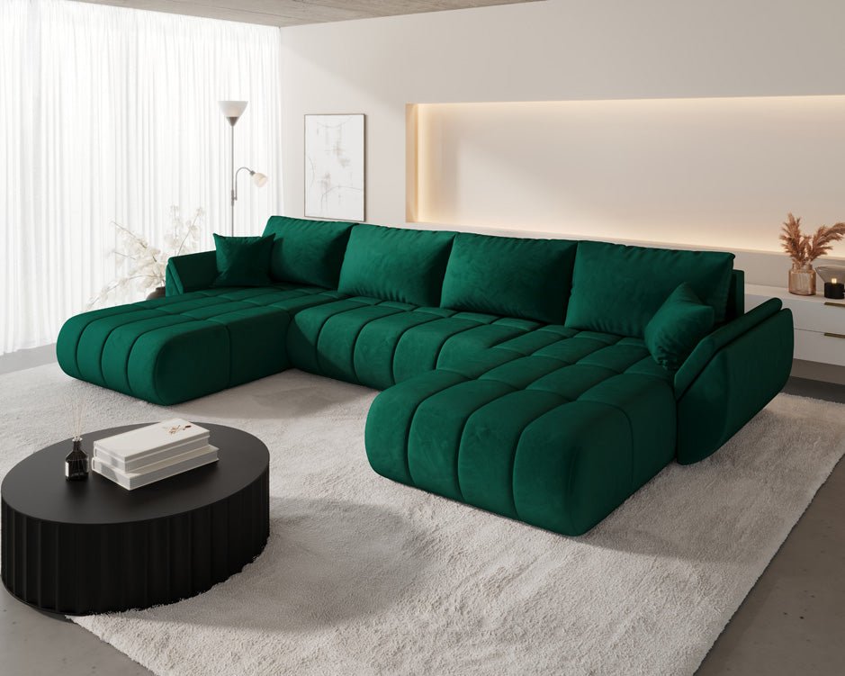 Designer sofa Lenoa U with sleeping and folding function in velvet