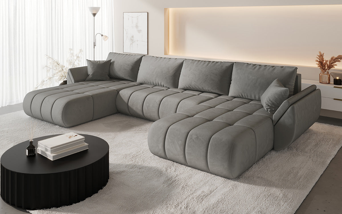 Designer sofa Lenoa U with sleeping and folding function in velvet