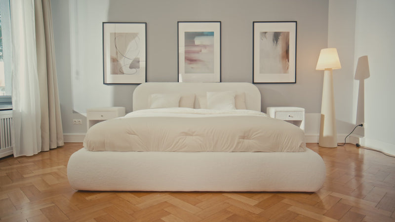 Designer Polsterbett Luma in Bouclé mit Stauraum