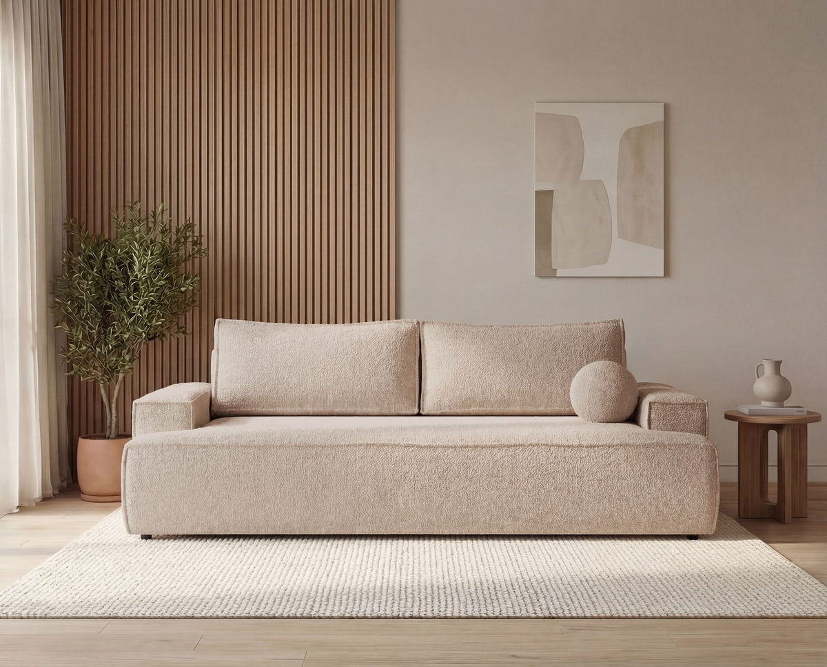 Designer 3 Sitzer Sofa Mira in Bouclé mit Schlaffunktion & Stauraum – Beige