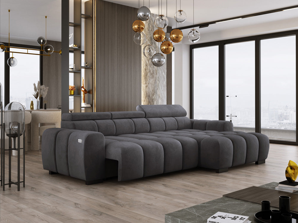 Designer sofa Amalfi in velvet with electric seat extension