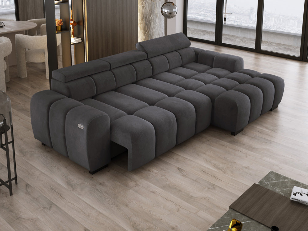 Designer sofa Amalfi in velvet with electric seat extension