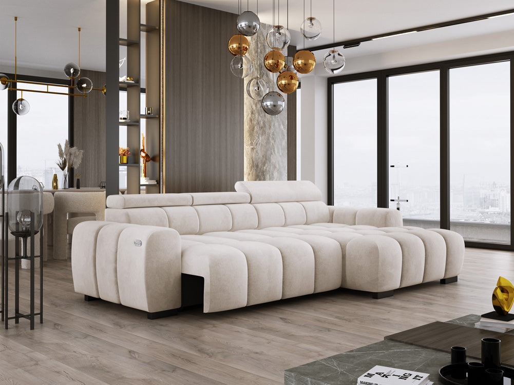 Designer sofa Amalfi in velvet with electric seat extension