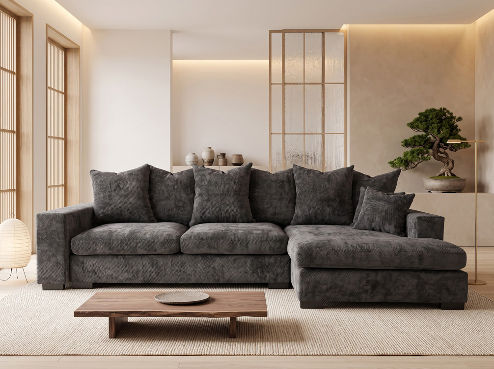 Designer sofa Selena L with sleeping function in textured fabric