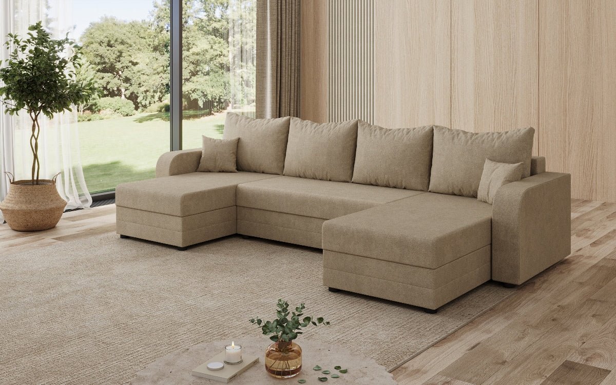 Designer sofa Valenza U with sleeping and folding function in fabric