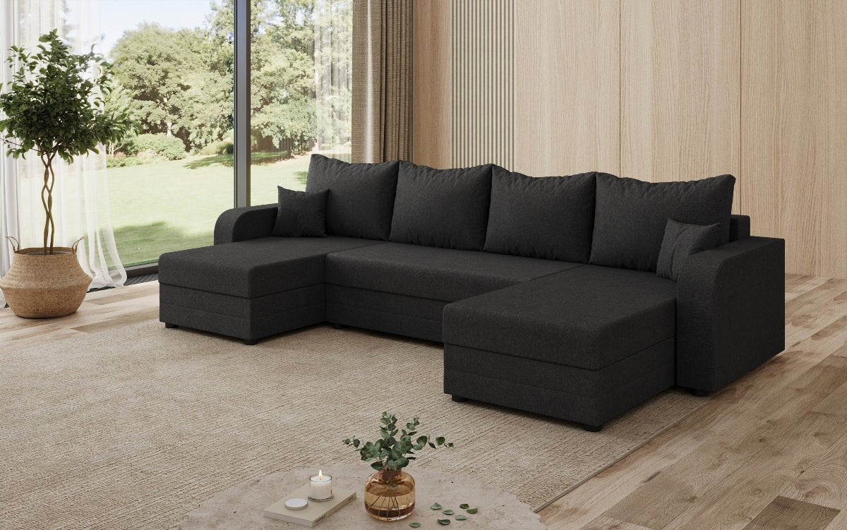 Designer sofa Valenza U with sleeping and folding function in fabric