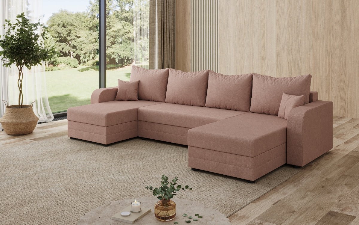 Designer sofa Valenza U with sleeping and folding function in fabric
