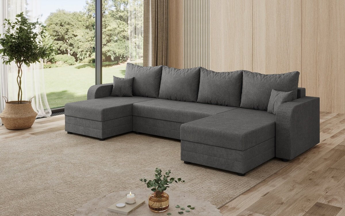 Designer sofa Valenza U with sleeping and folding function in fabric