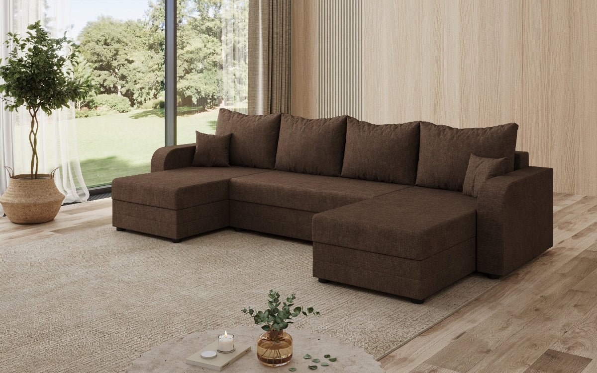 Designer sofa Valenza U with sleeping and folding function in fabric