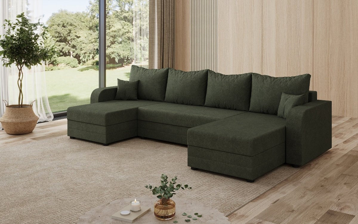 Designer sofa Valenza U with sleeping and folding function in fabric