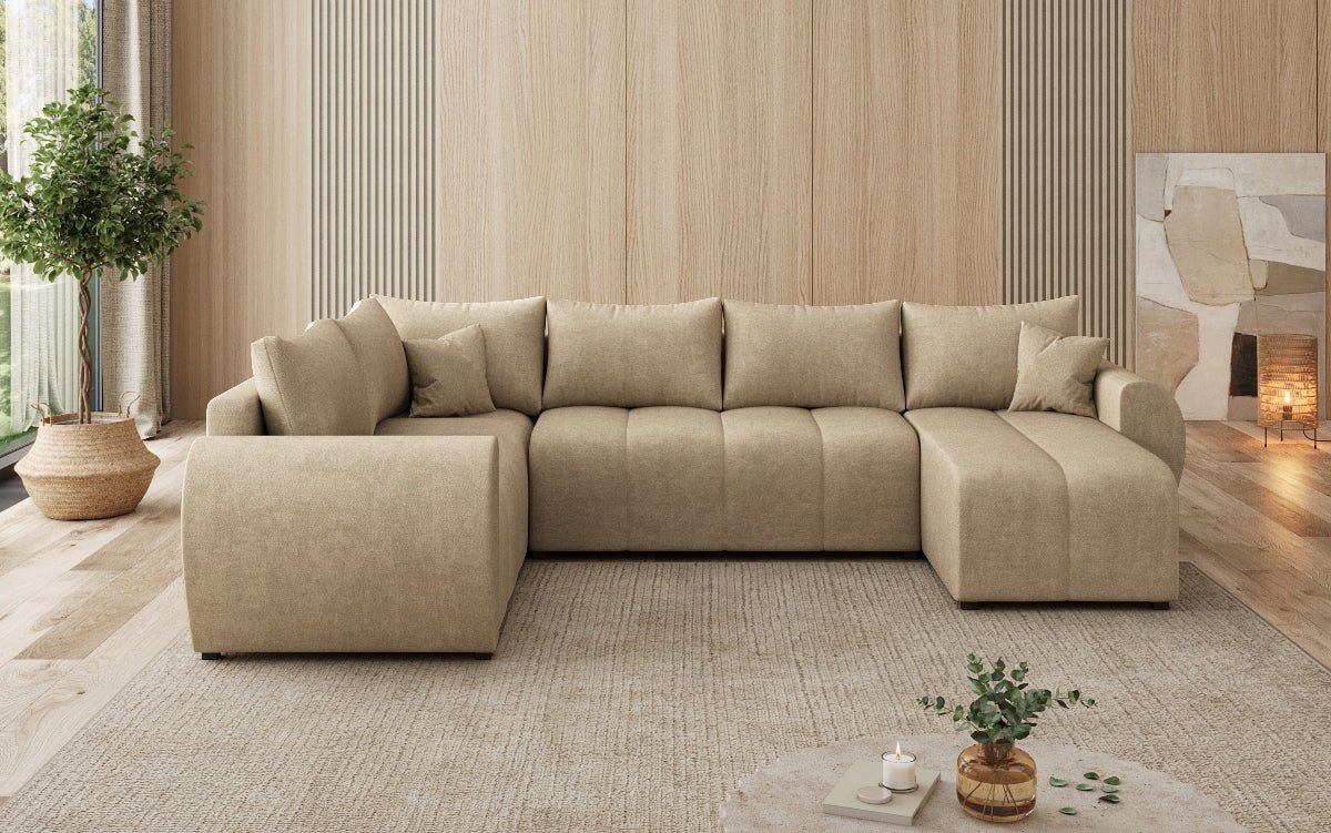 Designer sofa Sorella U with sleeping and folding function in fabric