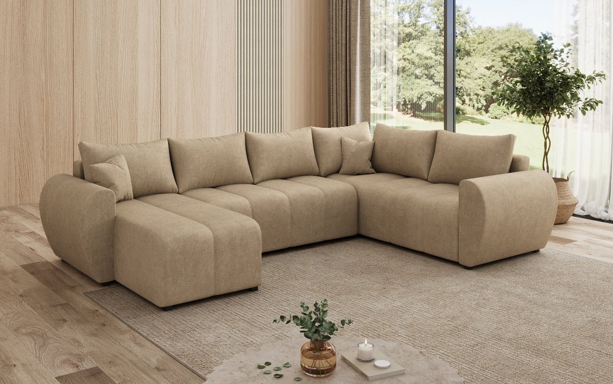 Designer sofa Sorella U with sleeping and folding function in fabric