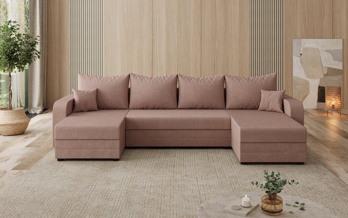 Designer sofa Valenza U with sleeping and folding function in fabric
