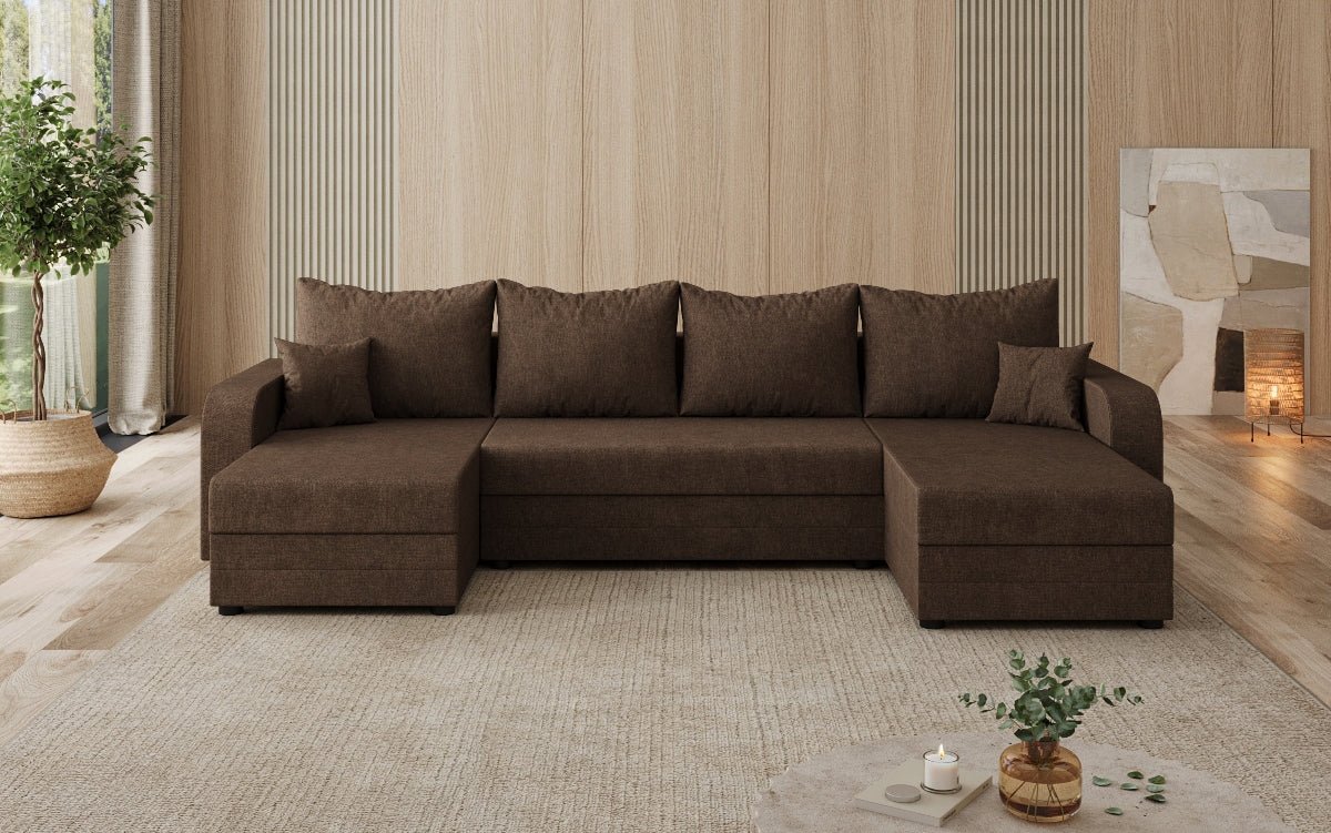 Designer sofa Valenza U with sleeping and folding function in fabric