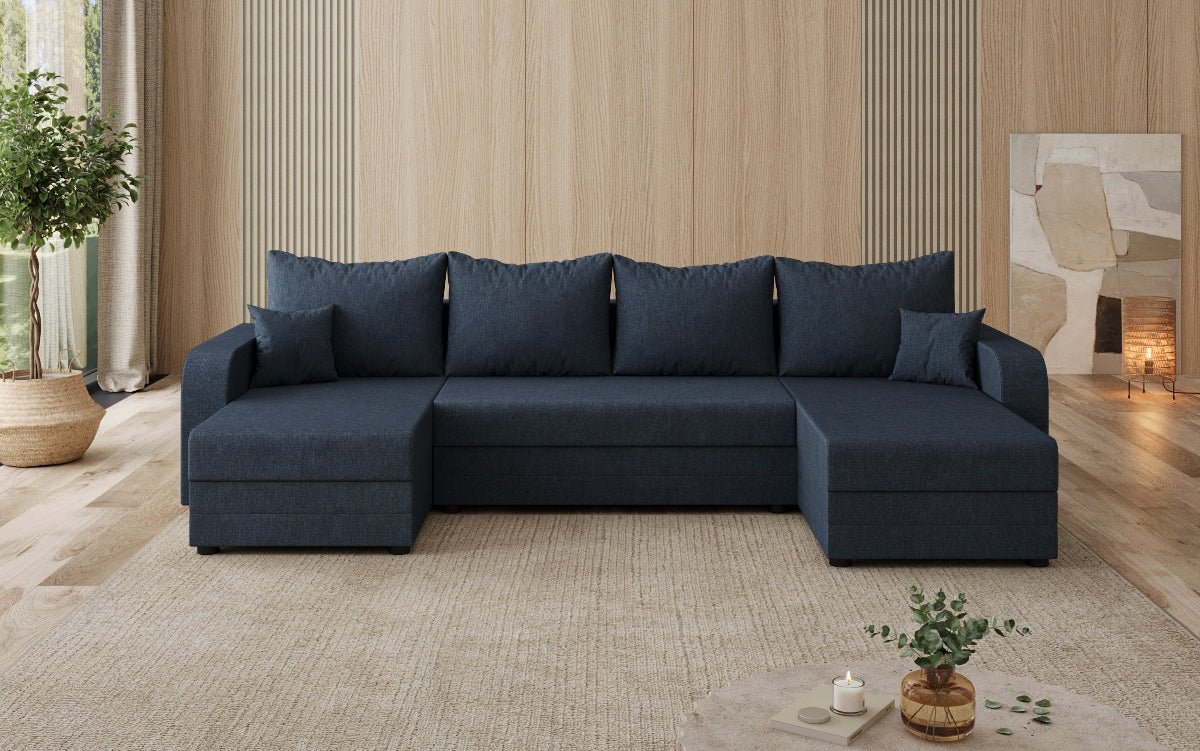 Designer sofa Valenza U with sleeping and folding function in fabric