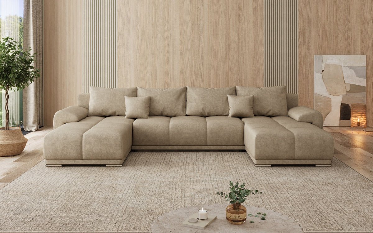 Designer sofa Leni U with sleeping and folding function in fabric