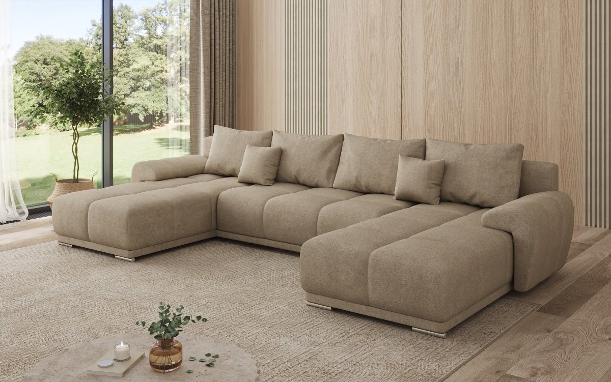 Designer sofa Leni U with sleeping and folding function in fabric