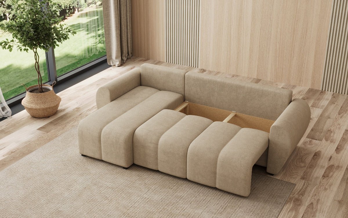 Designer sofa Sorella L with sleeping and folding function in fabric